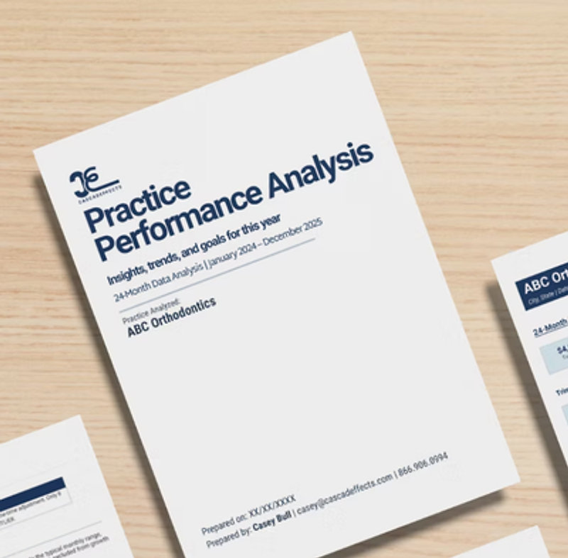 A printed Practice Performance Analysis report for ABC Orthodontics on a desk